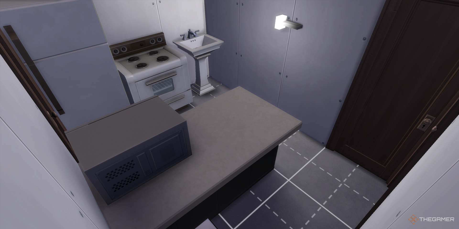 The Sims 4 Unfinished Kitchen with an island, a microwave, a fridge, an oven, and a sink.