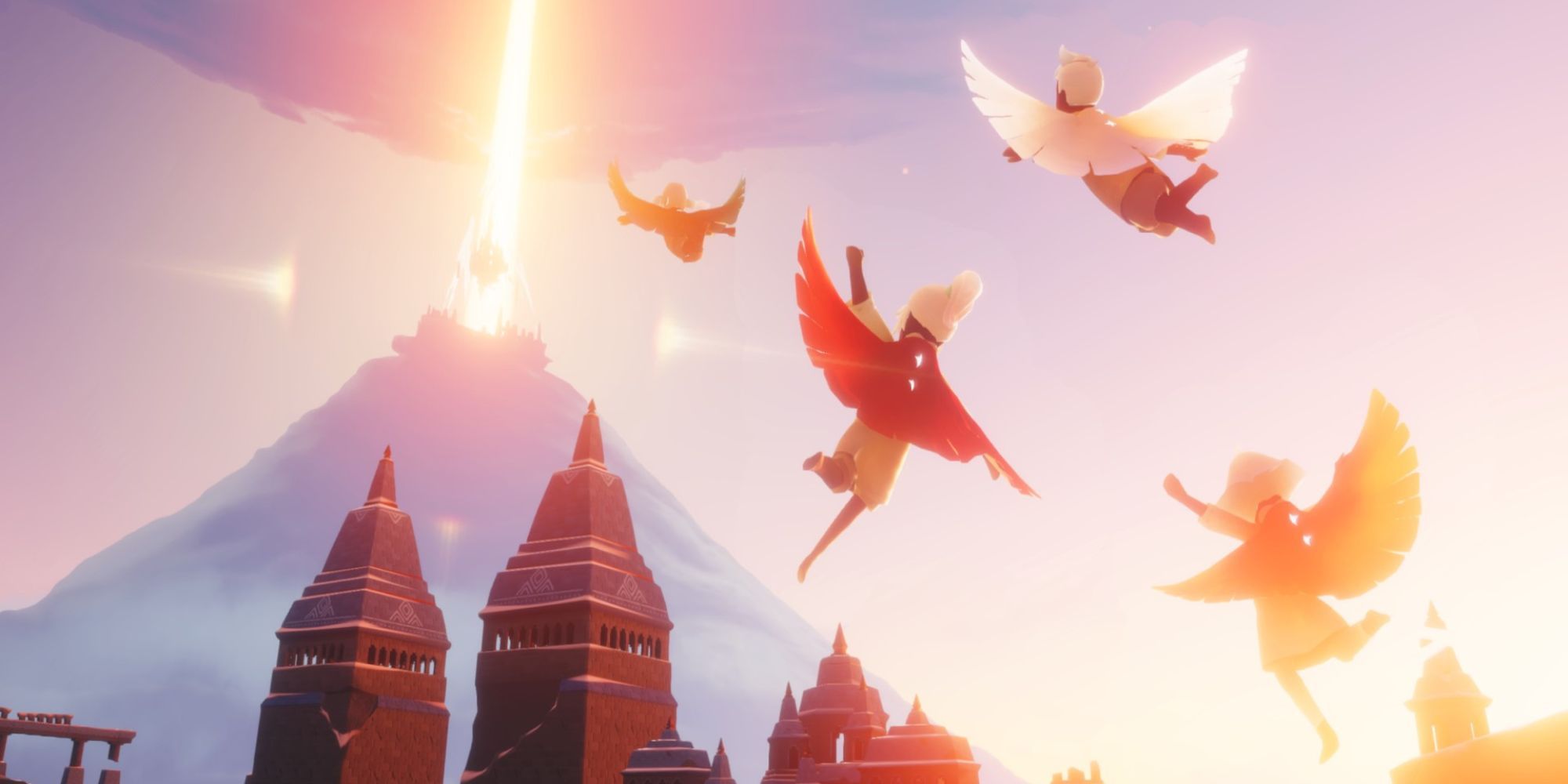 Cuatro jugadores volando hacia un faro de luz en Sky: Children of The Light