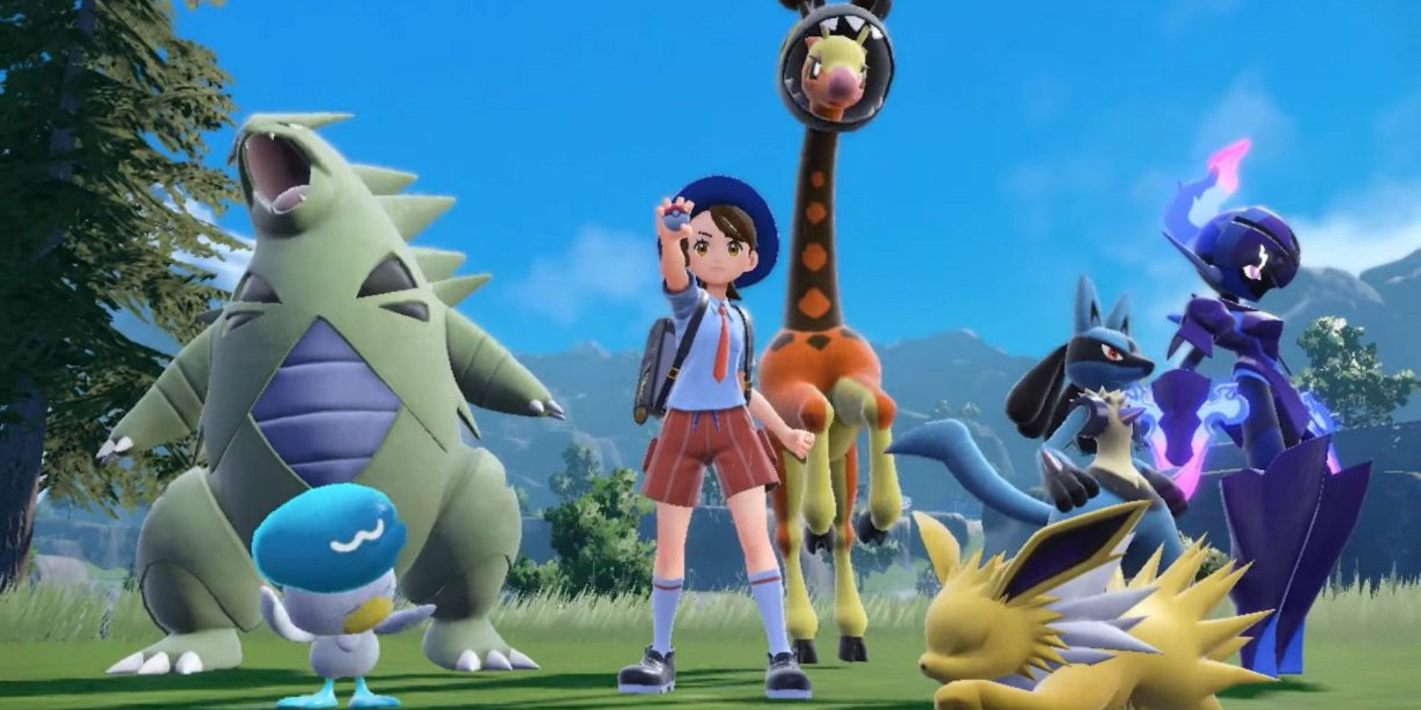Pokemon Scarlet and Violet player surrounded by a team of Pokemon.