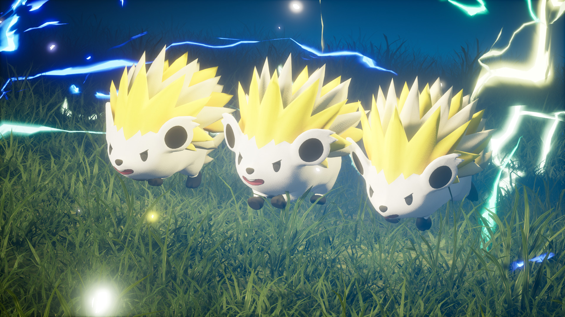 An image of electric hedgehog pals in Palworld. There are three of them, and they’re running as electricity shoots out from them.