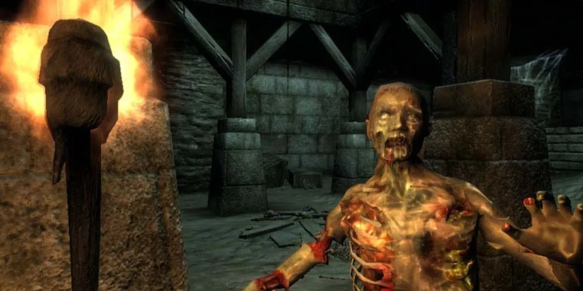 El jugador luchando contra un zombi en Elder Scrolls 4
