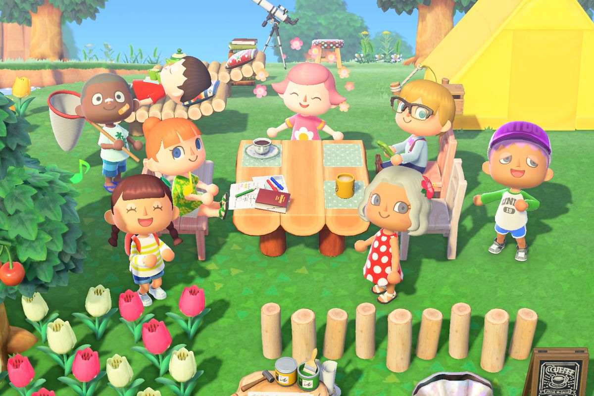 Группа из восьми жителей собрались вокруг пикникного столика в Animal Crossing: New Horizons