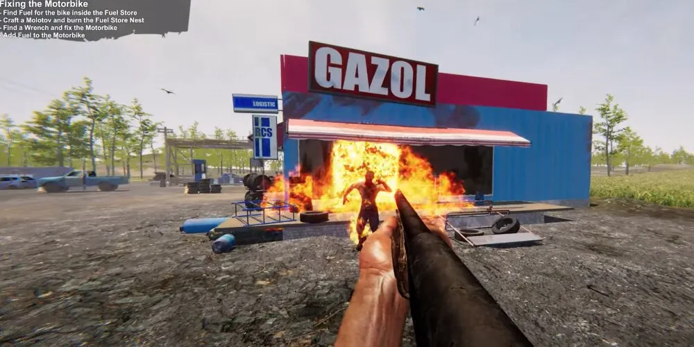 Player shooting a shotgun at a zombie on fire