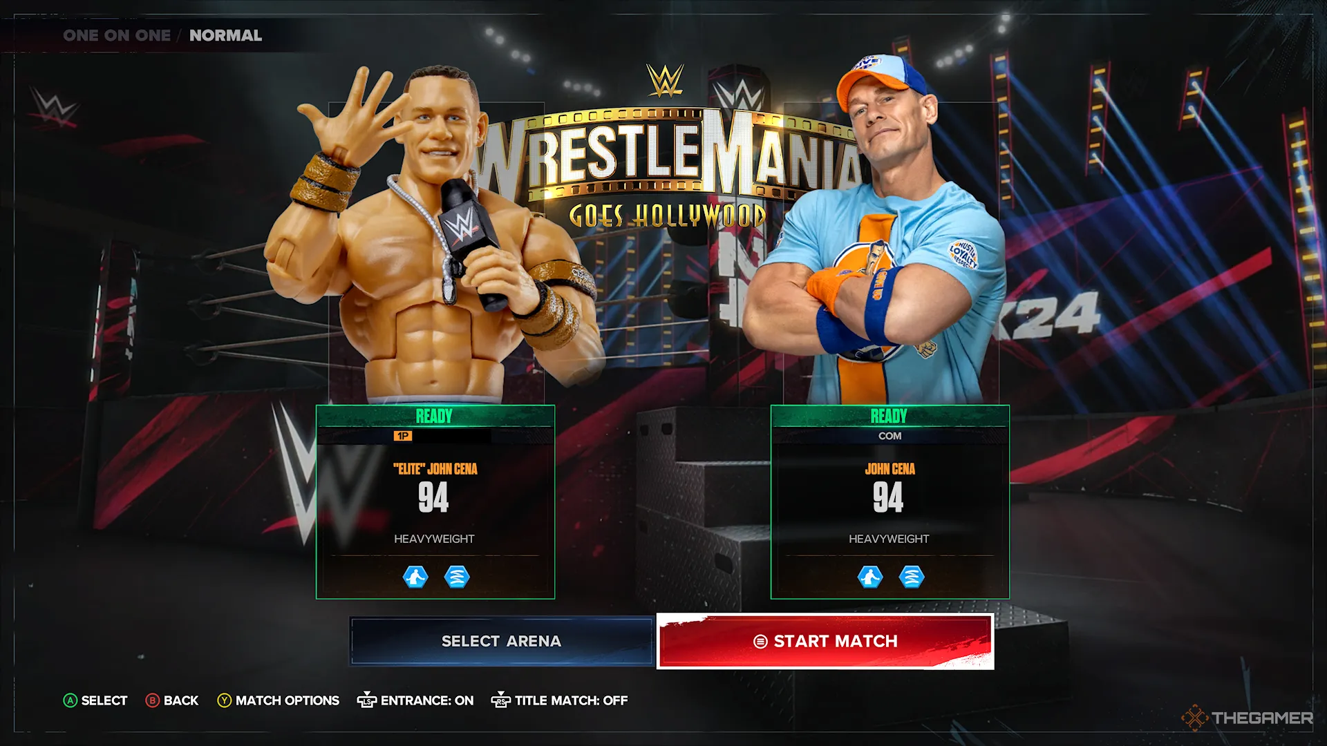 Screenshot di WWE 2K24 di John Cena 'Elite' contro la schermata pre-partita di John Cena
