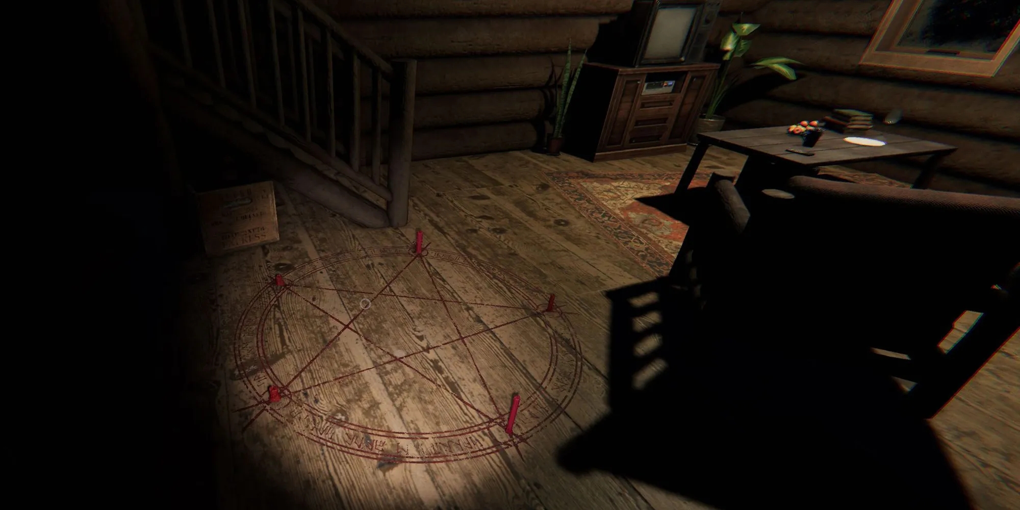 Image depicts a red summoning circle on the ground of the log cabin in Maple Lodge Campsite in Phasmophobia.