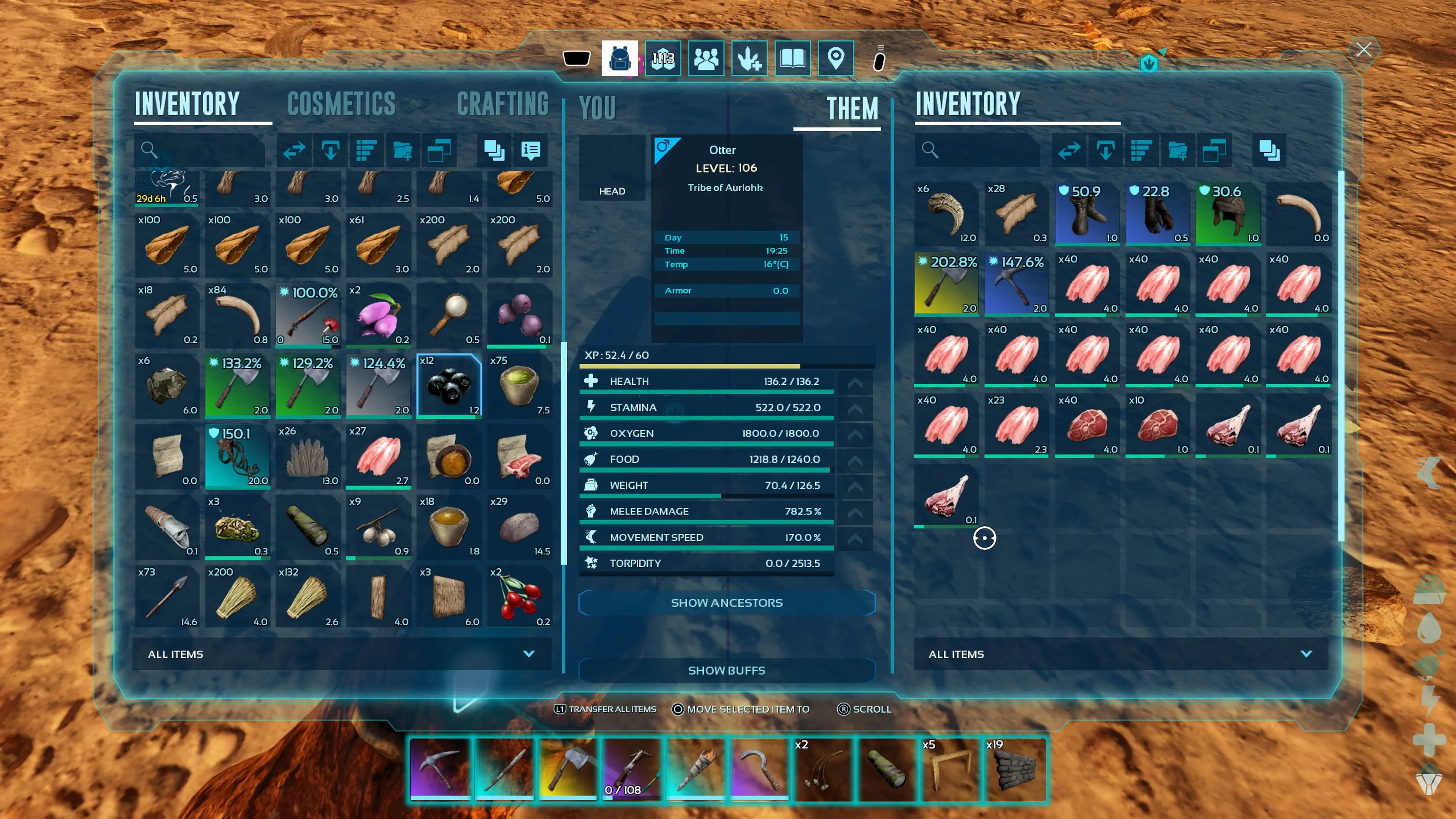 Personaje del jugador mirando el inventario de su nutria domesticada que lleva carne cruda extra, armadura y herramientas en ARK: Survival Ascended.