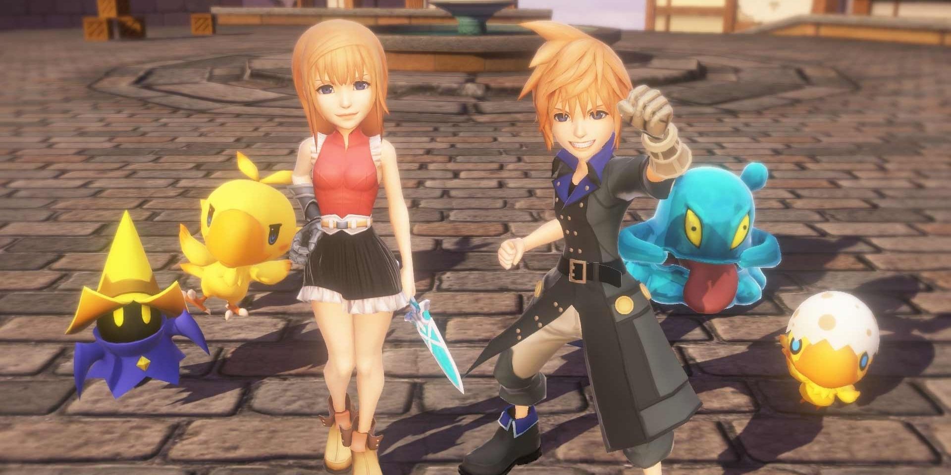 Lann y Reynn, junto con muchos personajes de Final Fantasy, en World of Final Fantasy