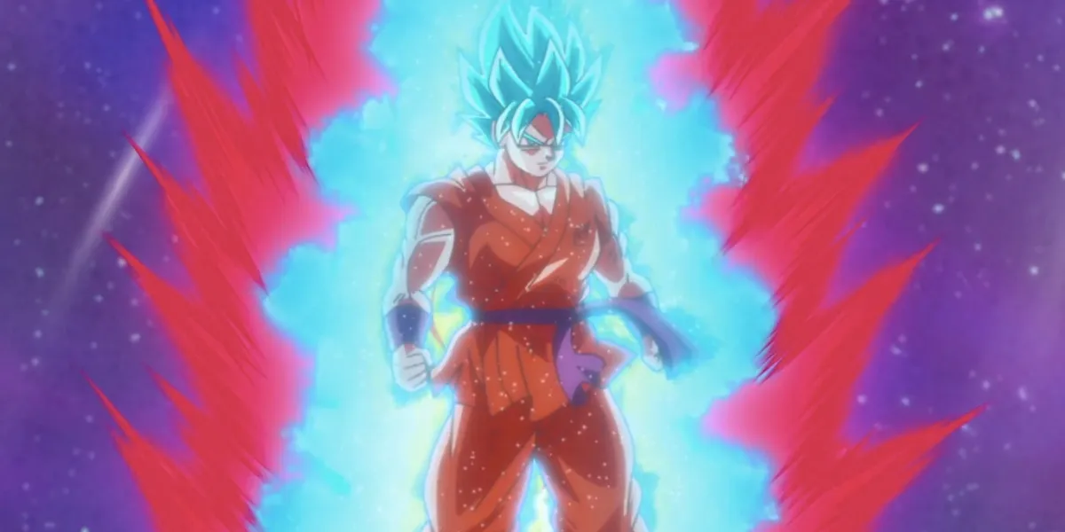 Goku augmentant son multiplicateur de Kaioken dans sa forme Super Saiyan Blue