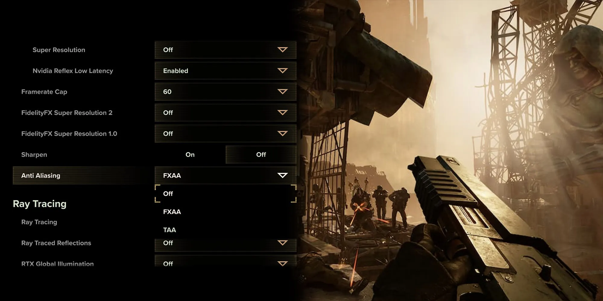 Warhammer 40K Darktide - Anti Aliasing Option Next To Image Of Very Crisp In-Game Screenshot