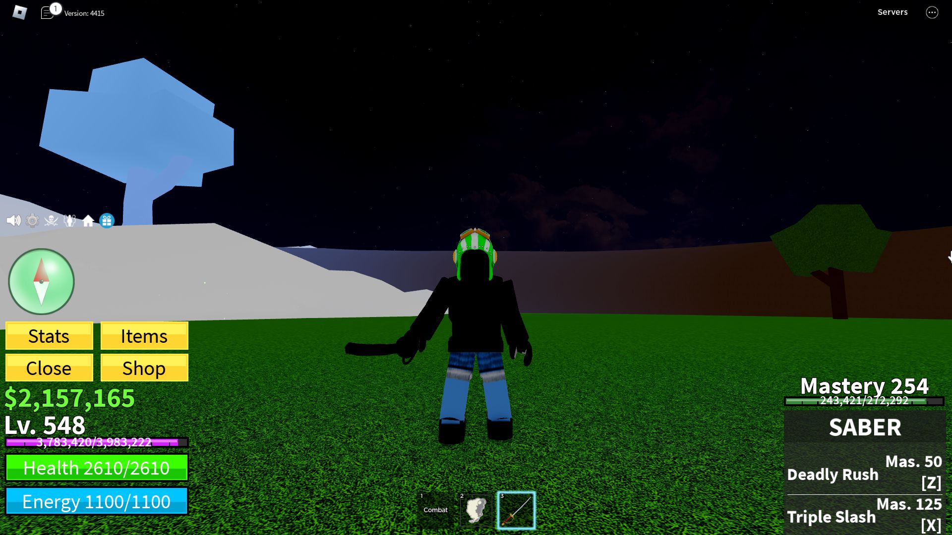 Roblox Blox Fruits, a character using Saber and wearing Usoap’s Hat
