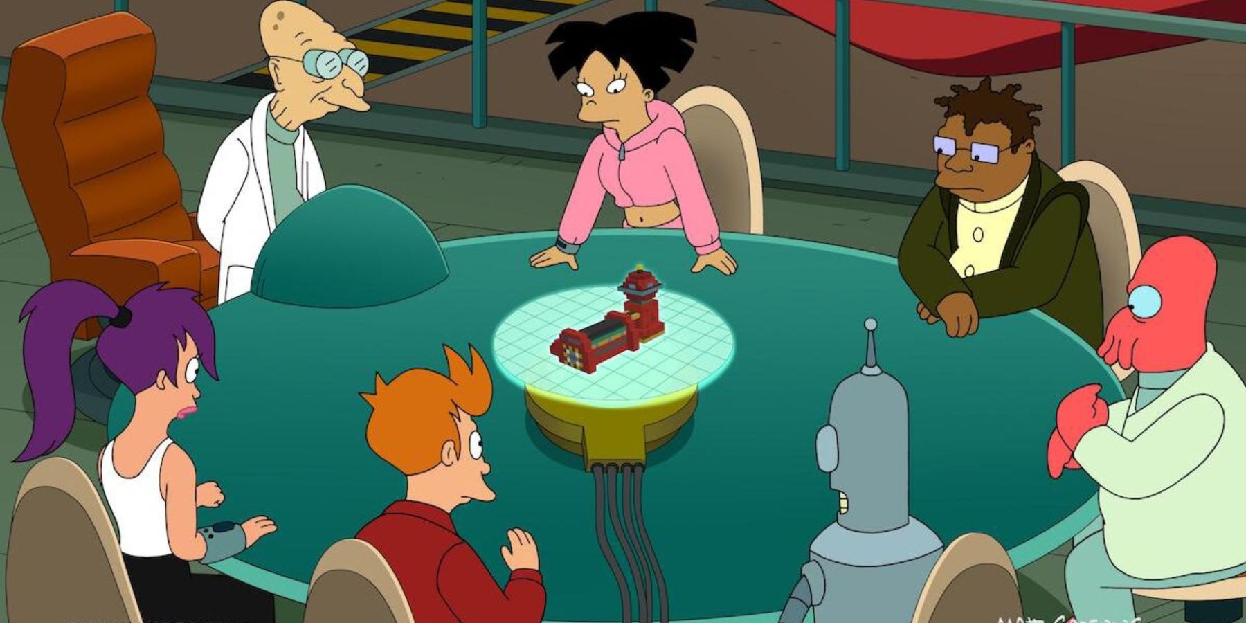 Professeur Farnsworth, Leela, Fry, Bender, Zoidberg, Hermes et Amy dans le final de la saison 11 de Futurama