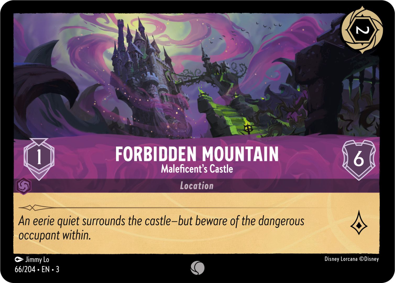 邪悪の城、禁断の山の頂上です。紫と緑でレンダリングされています。6の意志力を持つロケーションで、移動値は1、知識の値は1です。