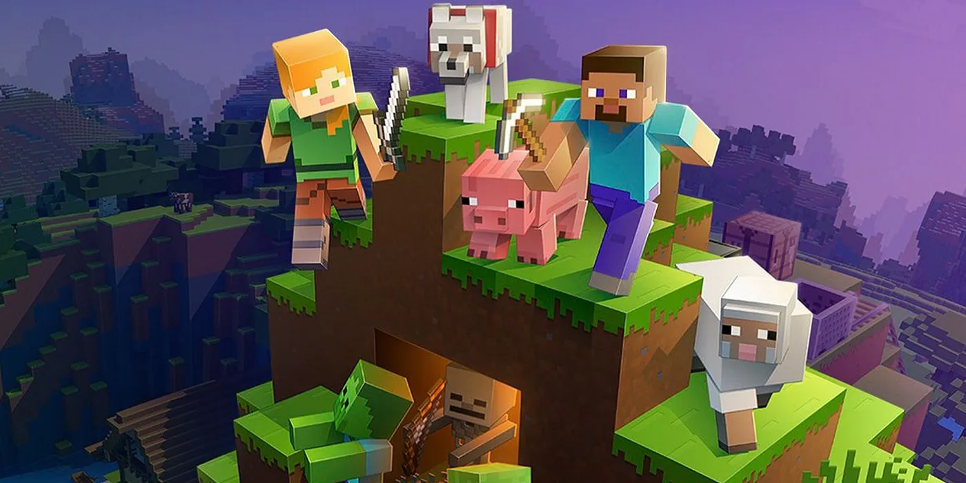 Minecraft Steve e altre varie creature in cima a una montagna.
