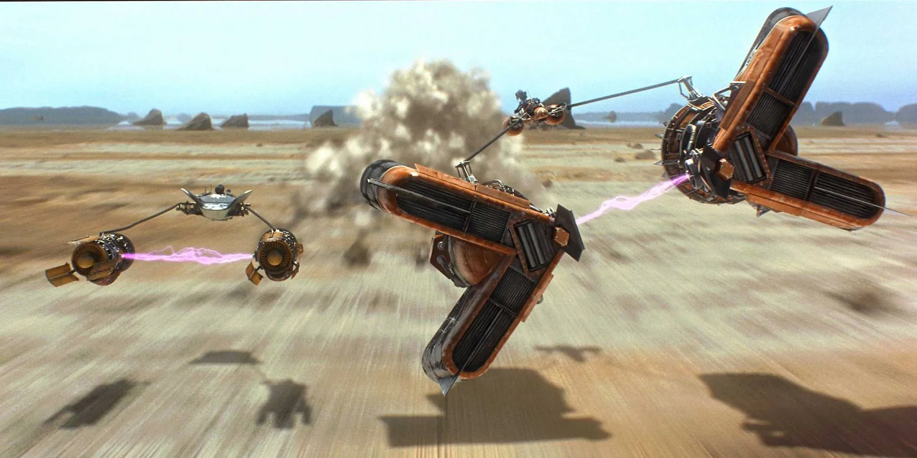 Anakin Skywalker and Sebulba racing in their podracers in Star Wars: Episode I: The Phantom Menace