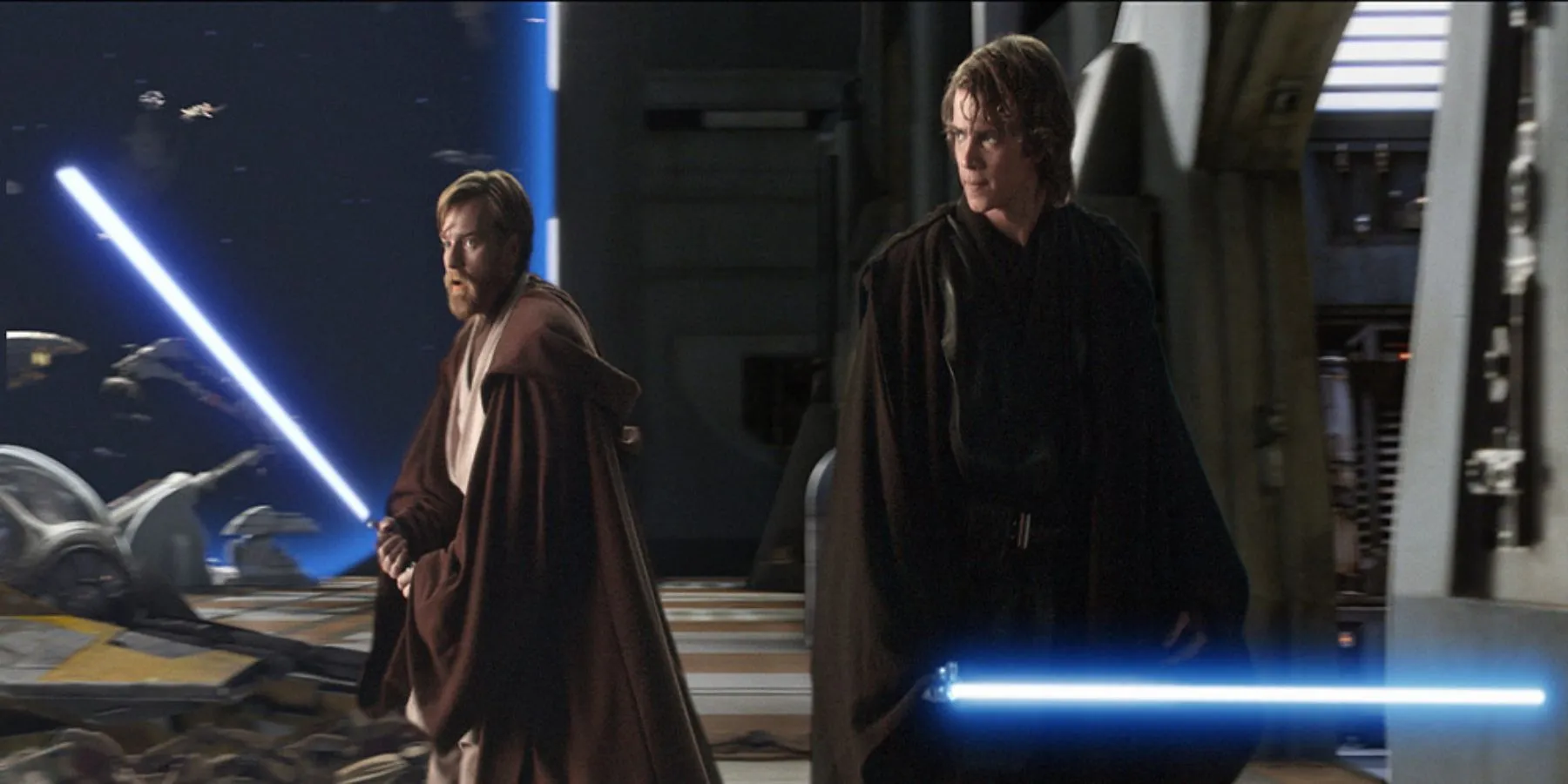 Obi-Wan y Anakin preparándose para una pelea con sables de luz