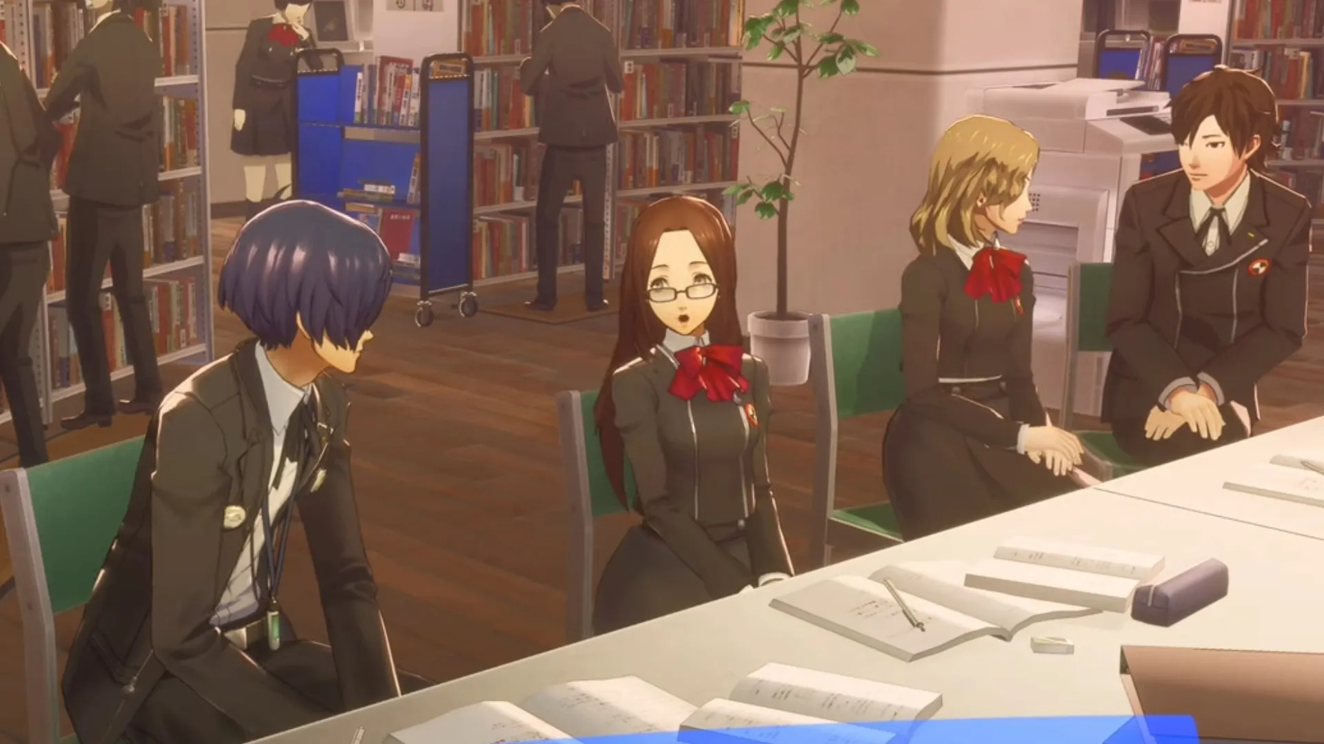 Chihiro speaks to the protagonist in a library in Persona 3: Reload.