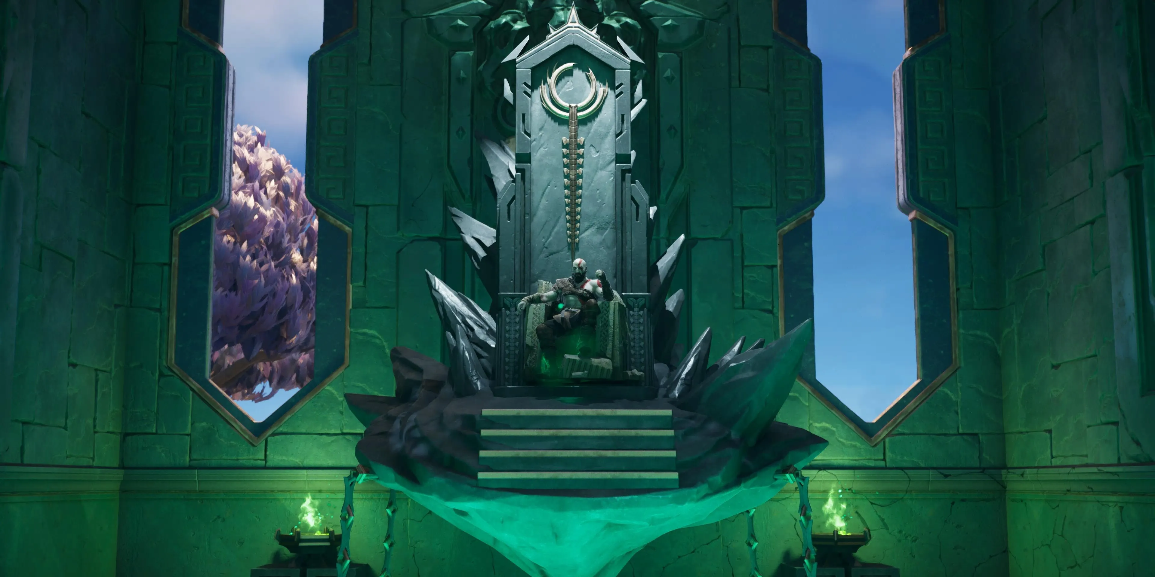 kratos seduto sul trono di ade