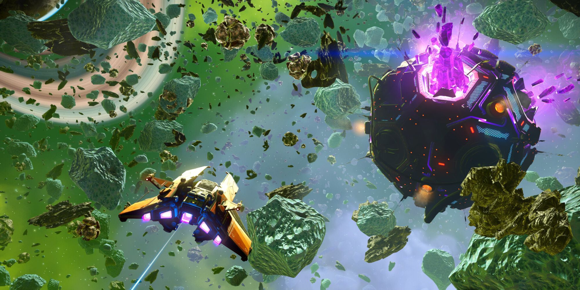 Um jogador voando pelo espaço em No Man’s Sky