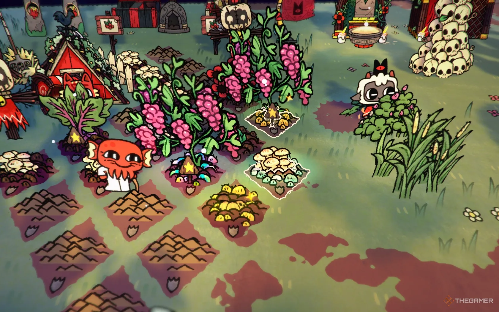 Captura de tela de Cult of the Lamb mostrando as plantações fertilizadas com ouro, arco-íris e devoção em um campo.