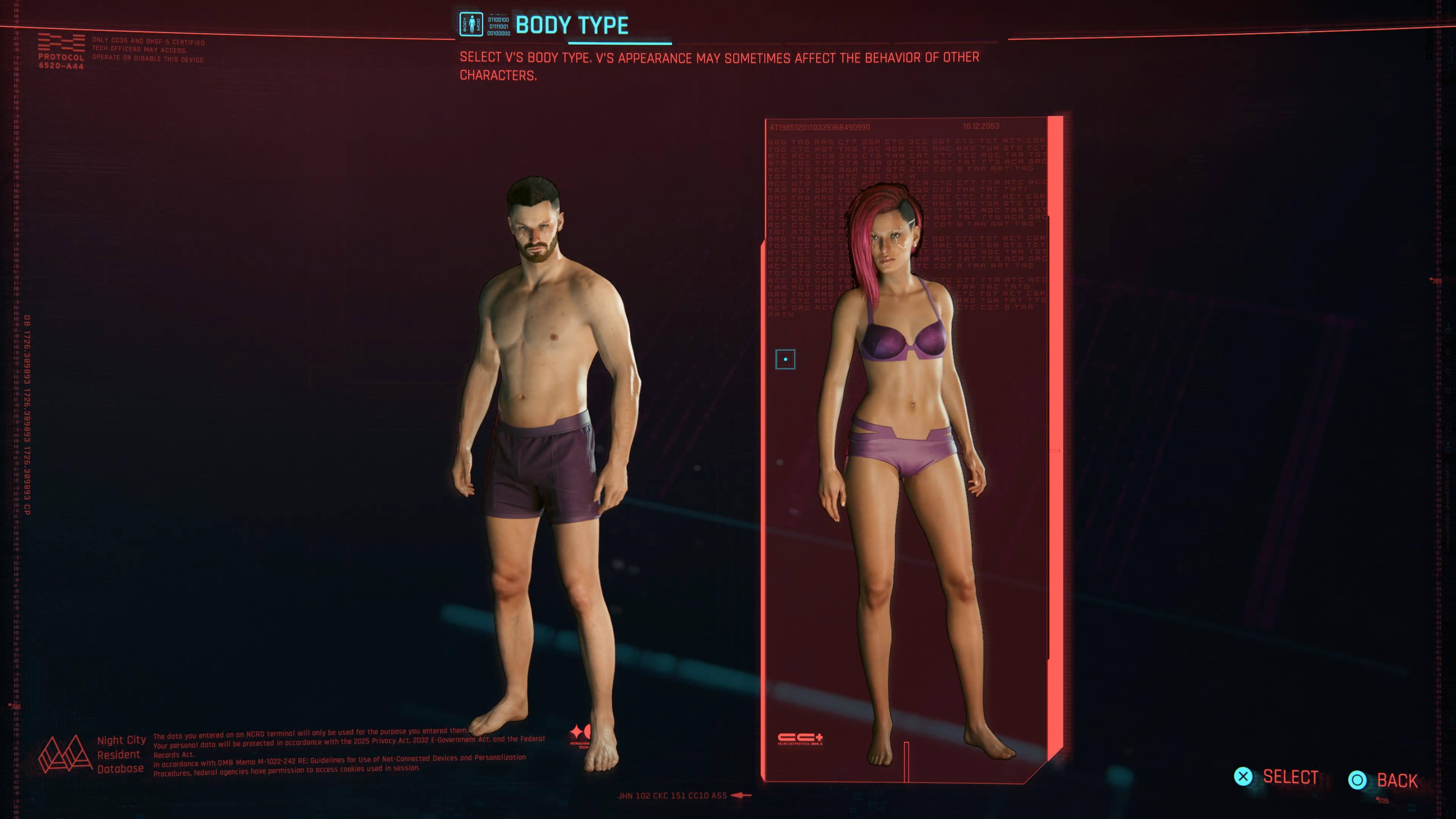 사이버펑크 2077 캐릭터 생성기에서 보이는 두 가지 몸 형태