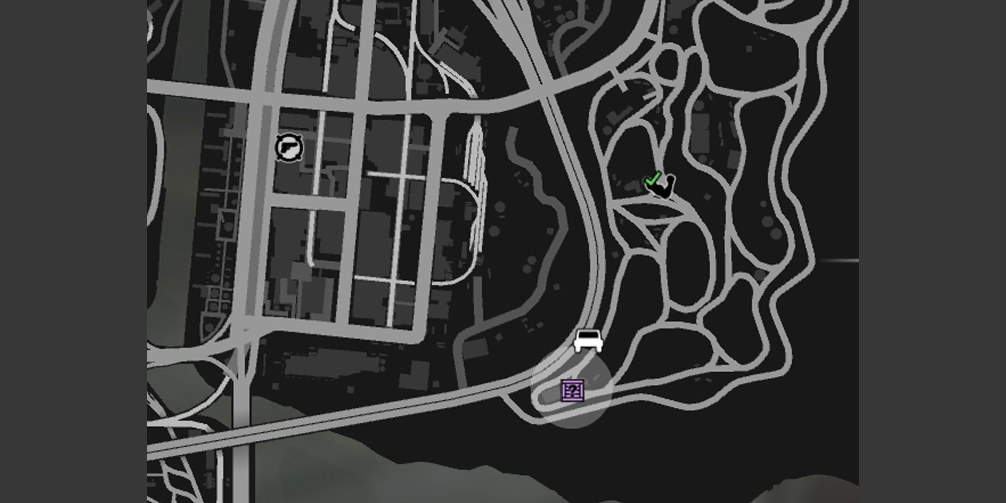 Jay and Sons in El Burro Heightsを示す灰色の円と紫のG'sキャッシュの箱アイコンのGTAオンラインマップのイメージ