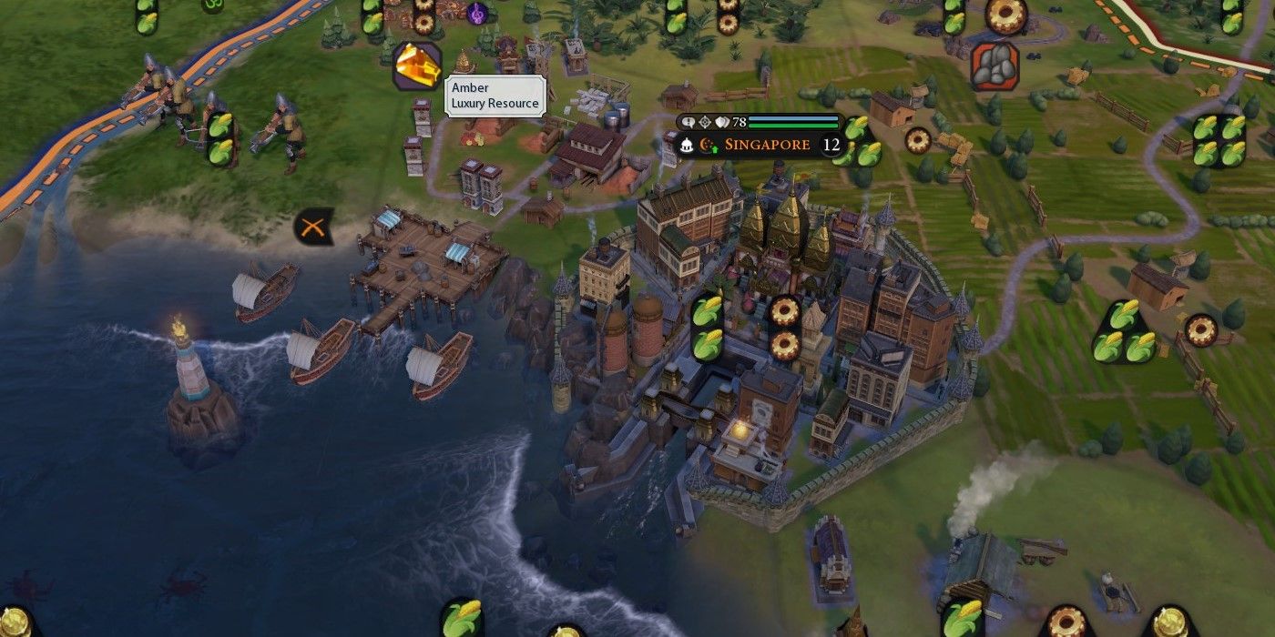 Снимок экрана Civilization 6 город-государство Сингапур с выделением ресурса Амбер