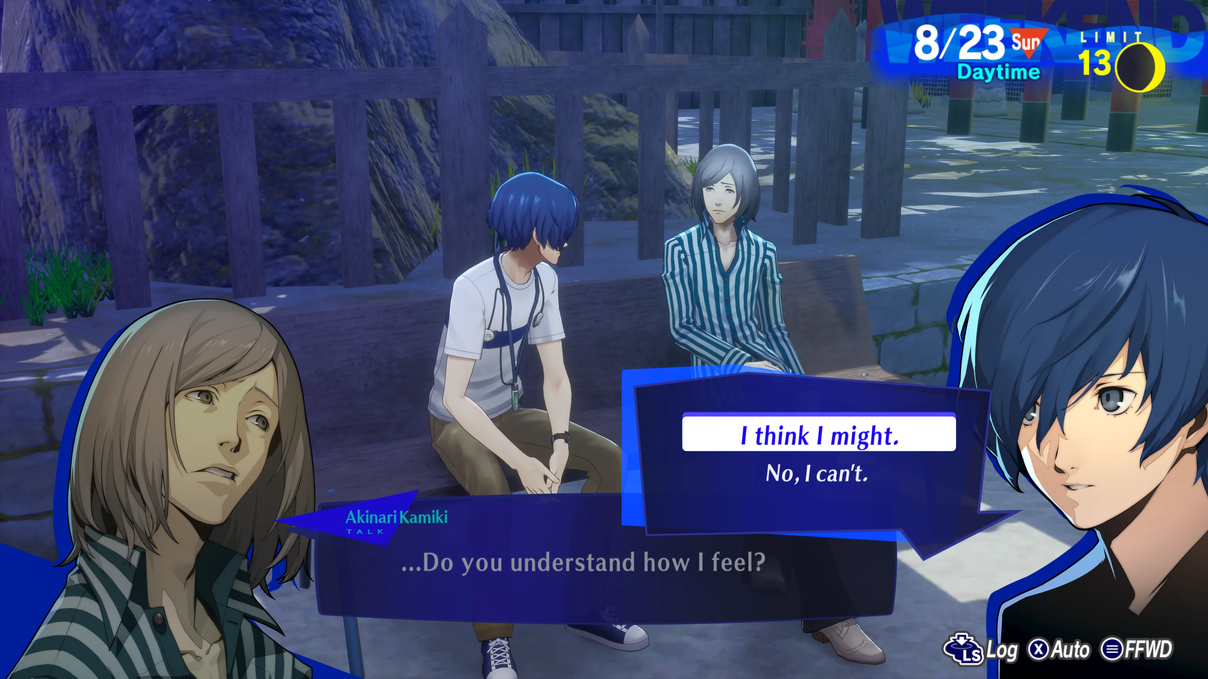 Akinari preguntando si el protagonista sabe cómo se siente en el Santuario Naganaki en Persona 3 Reload