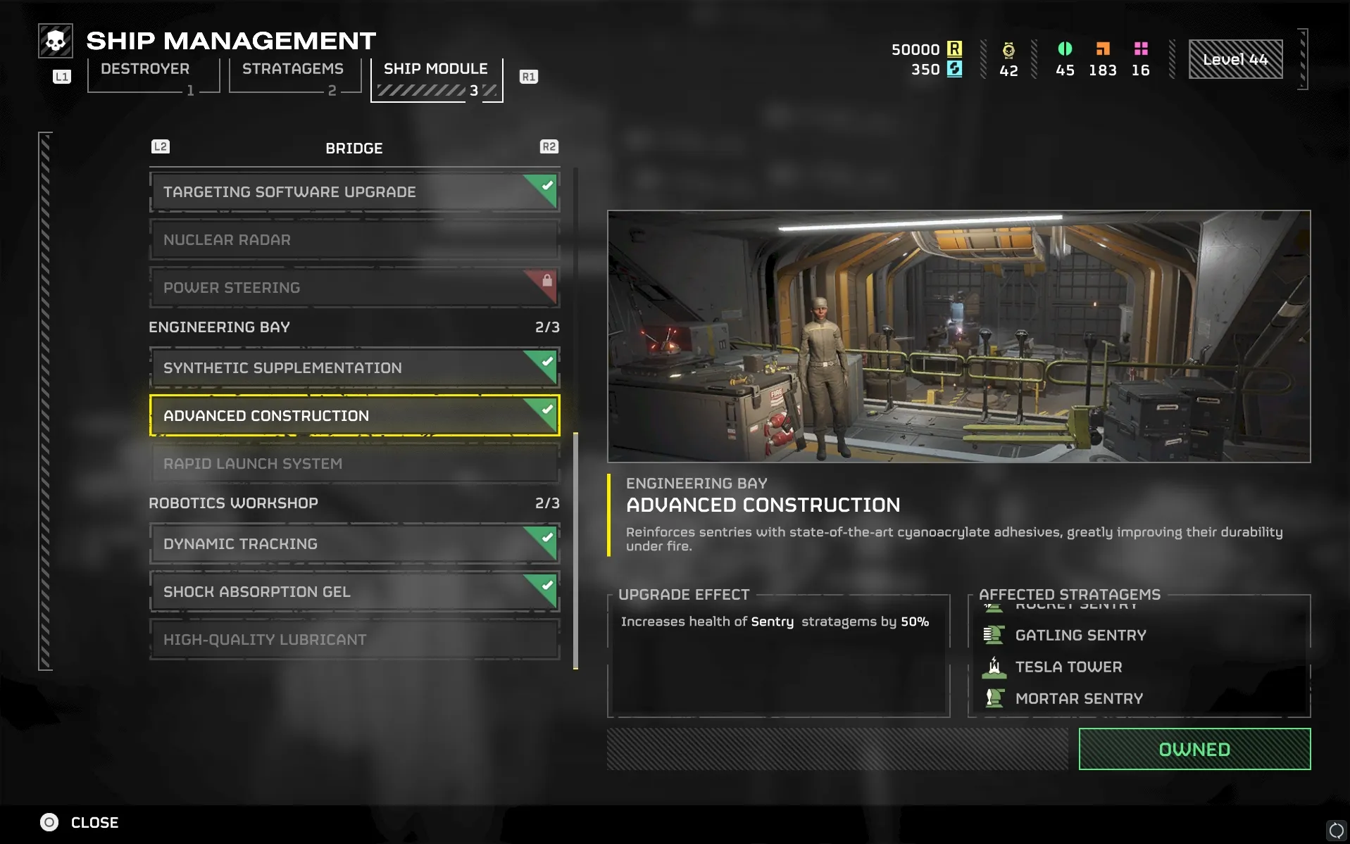 pantalla de actualización de Construcción Avanzada para Sentry en Helldivers 2