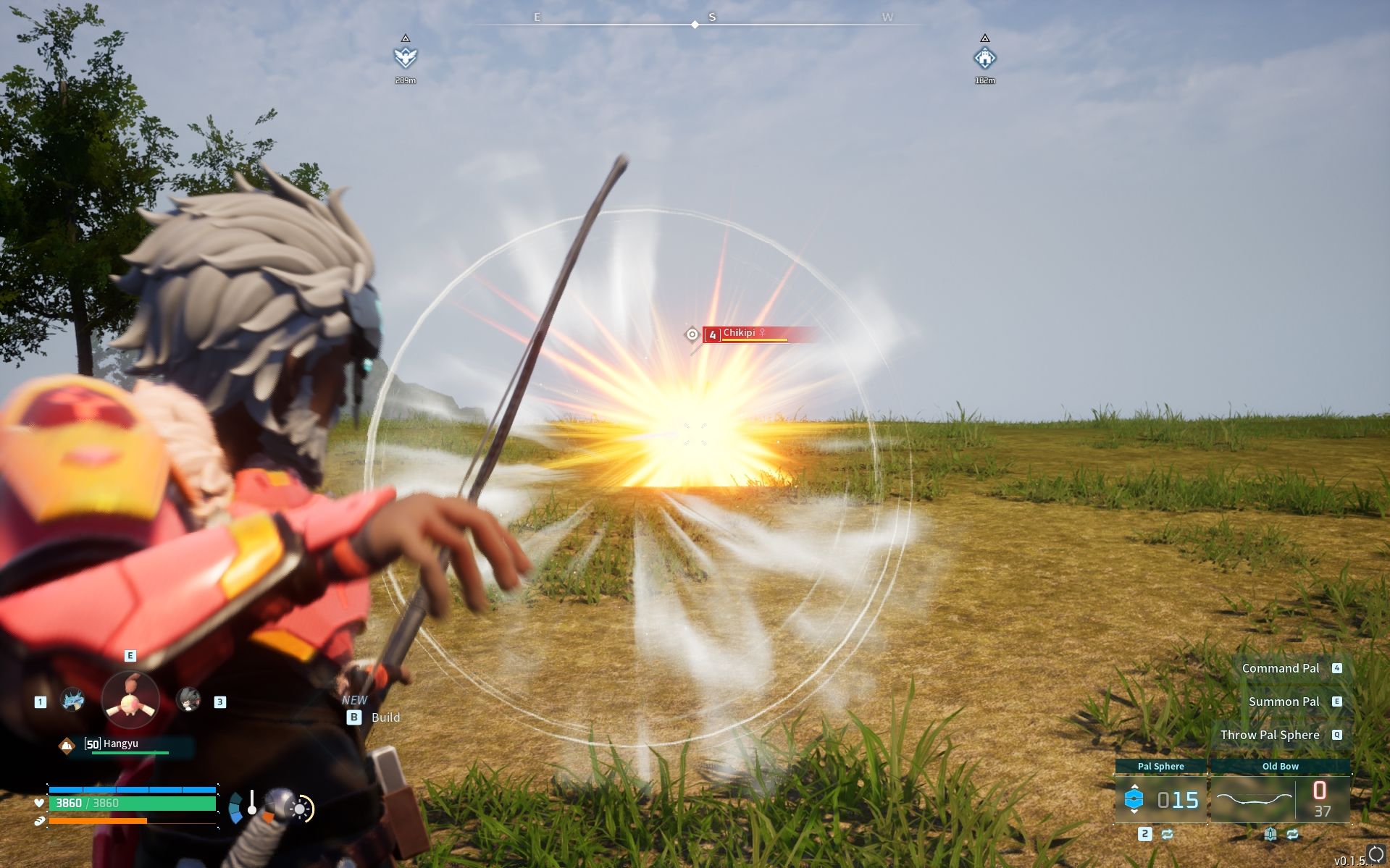 A player shooting Chikipi with the Legendary Old Bow in Palworld