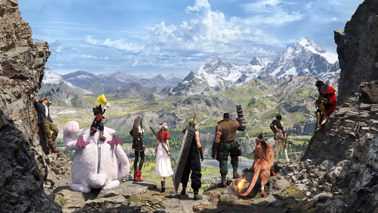 Il party completo di Final Fantasy 7 Rebirth che guarda lontano da noi sopra delle montagne