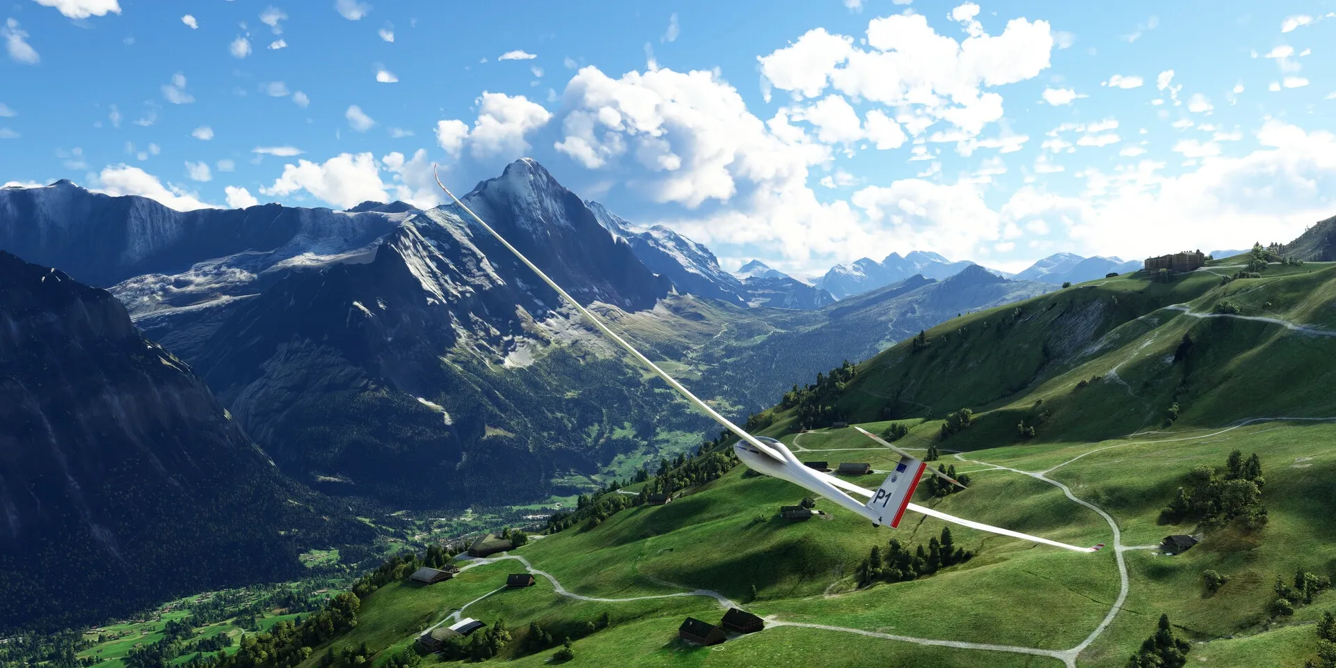 Um avião voando sobre montanhas no Microsoft Flight Simulator
