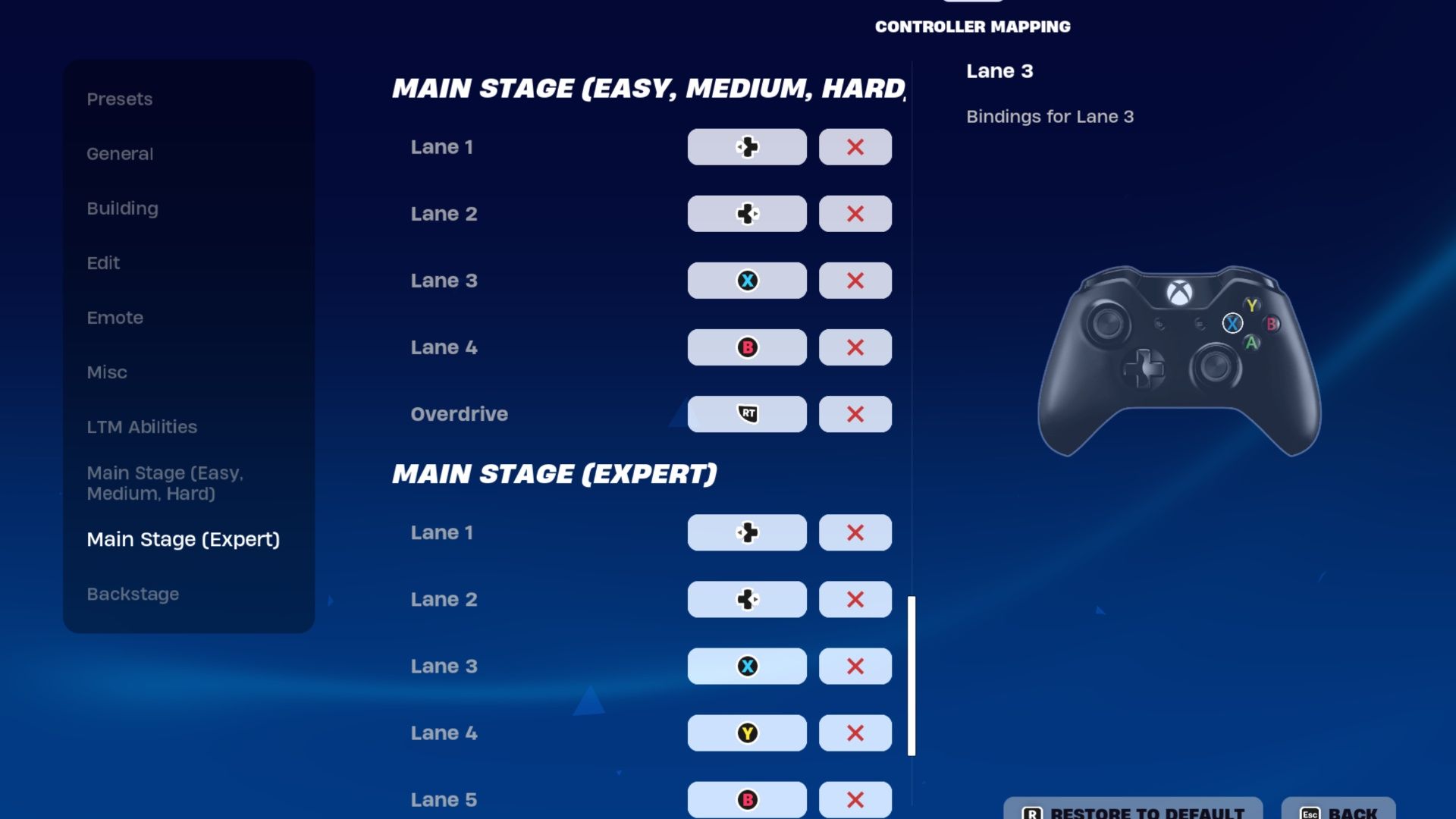 As configurações padrão para um controle Xbox no Fortnite Festival.