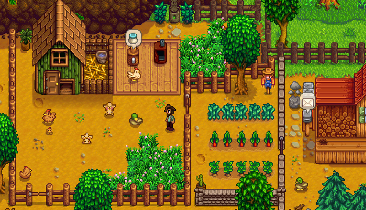 Снимок экрана из Сардю Велли, показывающий человека, стоящего на небольшой ферме.