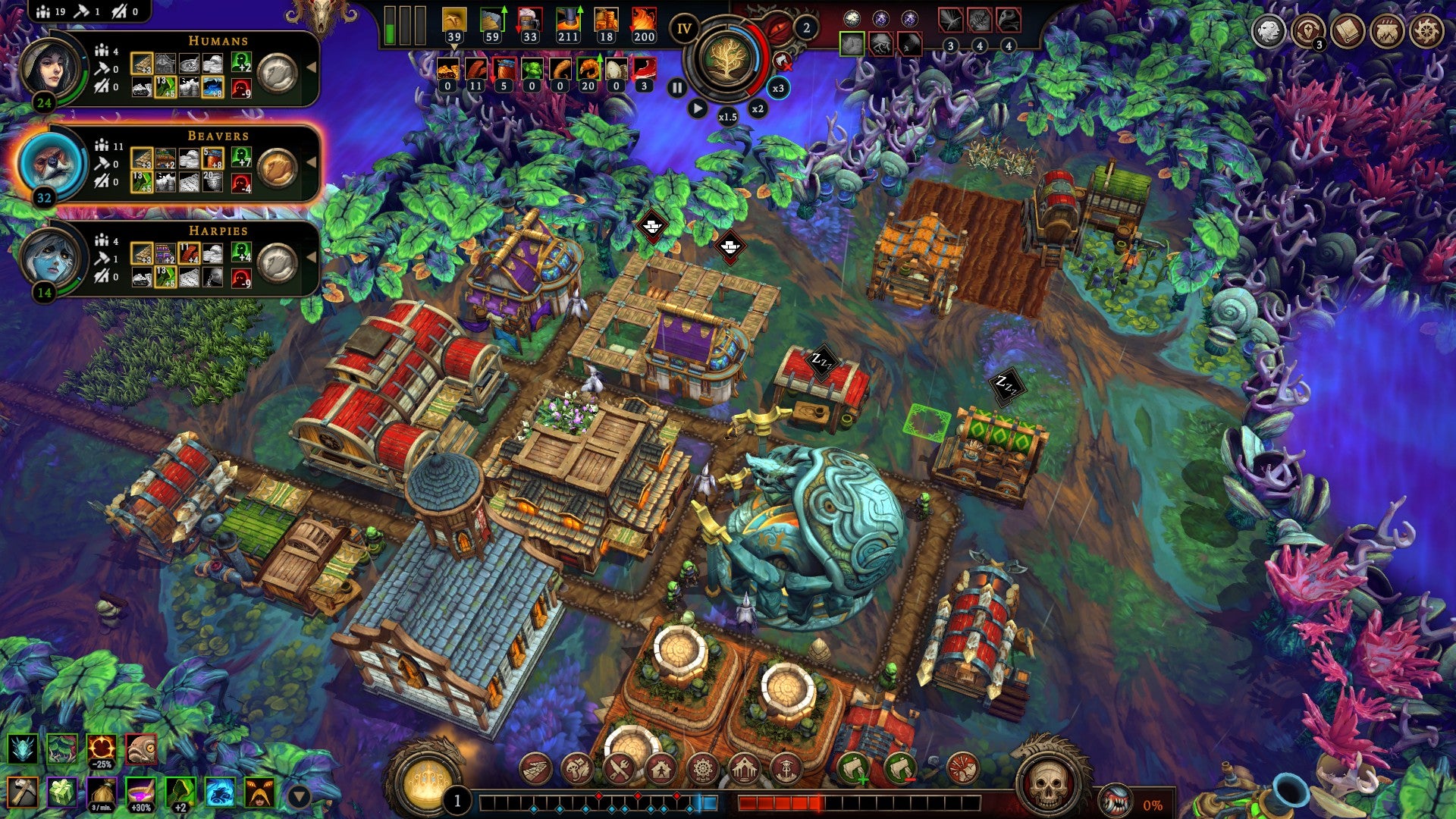 Скриншот из Против Шторма, показывающий частично построенное поселение в сюрреалистичном лесу