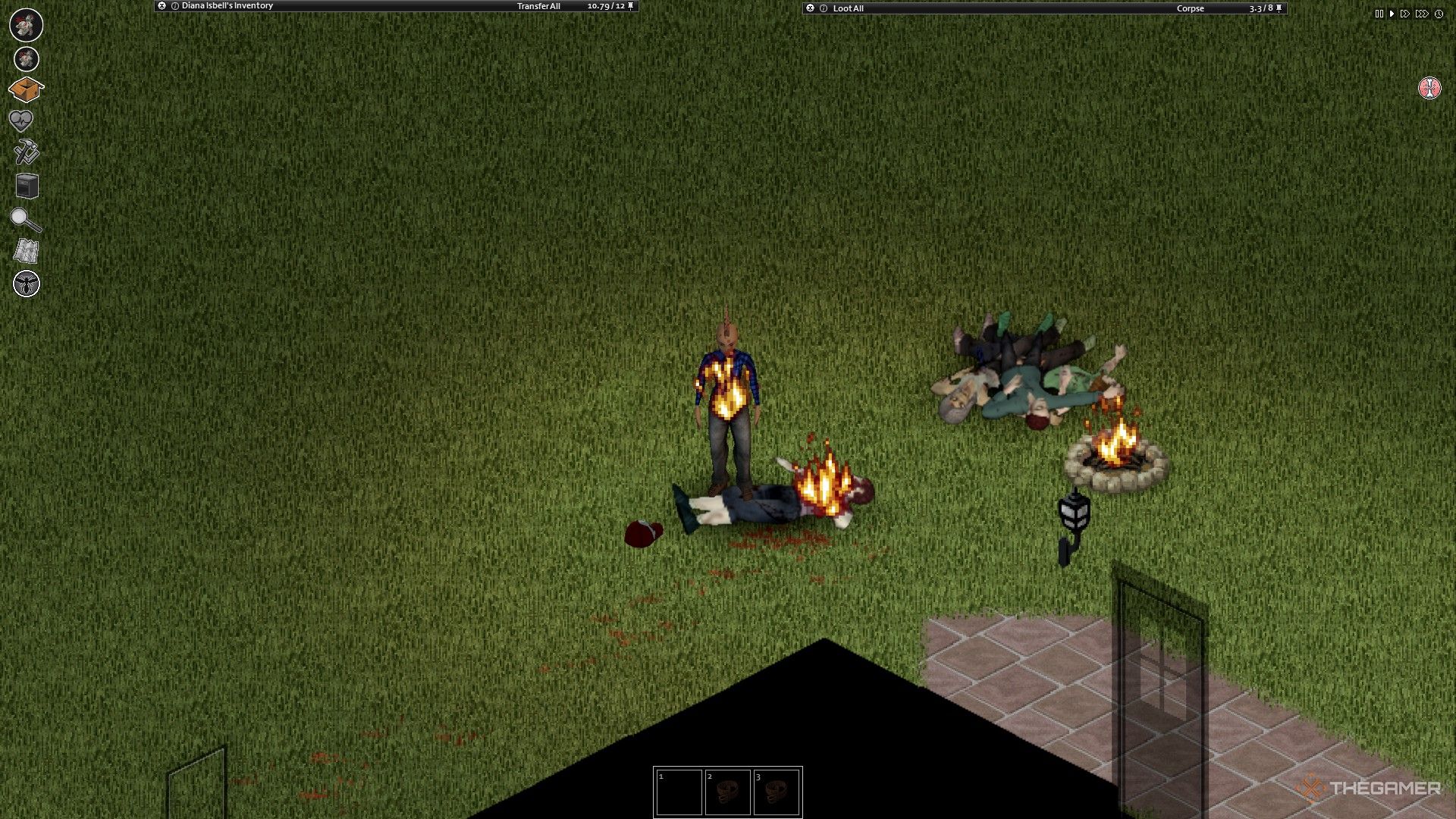 Una captura de pantalla de Project Zomboid que muestra una fogata y una pila de zombies junto a ella, con el personaje del jugador y un zombie muerto en llamas