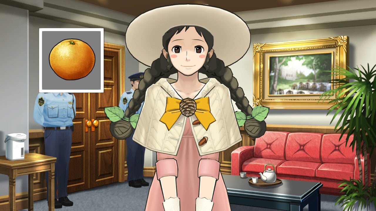 Captura de pantalla de la trilogía de Apollo Justice mostrando a un personaje femenino mirando hacia la cámara con la imagen de una naranja