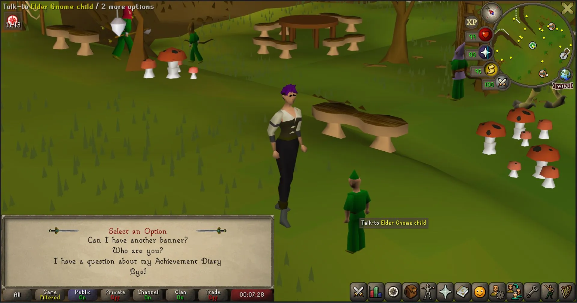 OSRS player speaking to the Elder Gnome Child in the Gnome Stronghold.