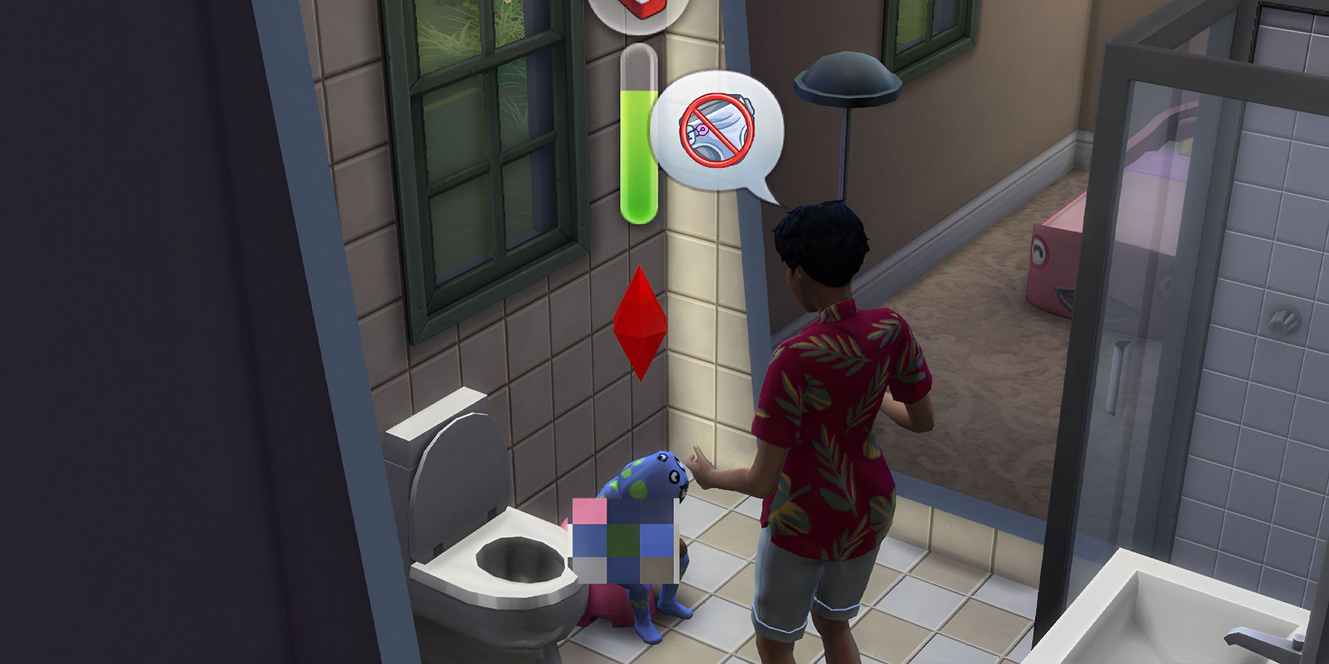 성인 심즈가 The Sims 4에서 유아를 화장실 훈련하는 모습.