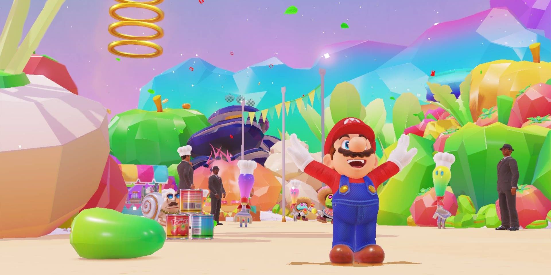 Mario landing a jump at the Luncheon Kingdom celebration in Super Mario Odyssey