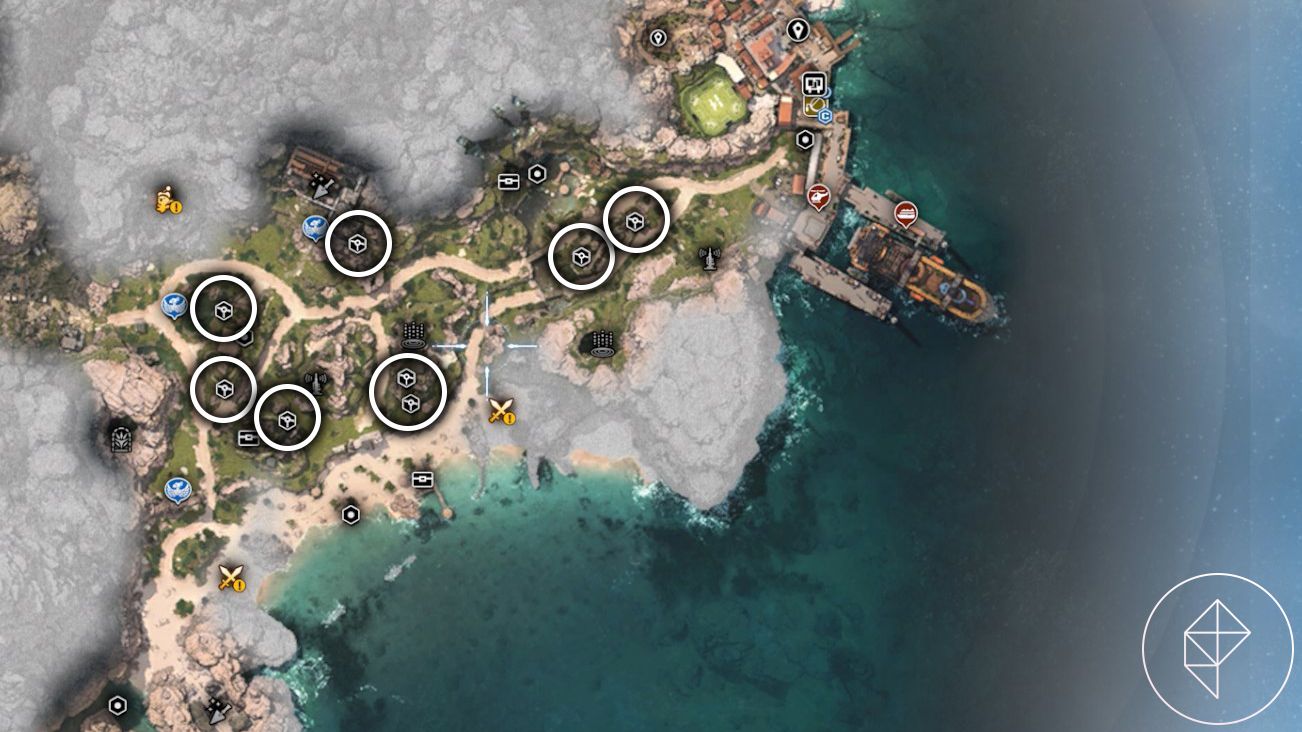 Um mapa de Costa del Sol com círculos delimitando 8 tirolesas em FF7 Rebirth.