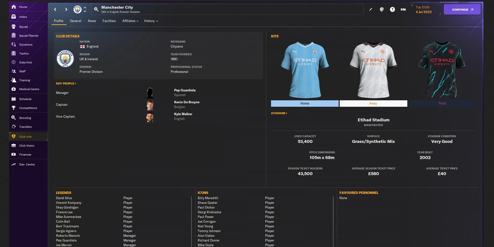 Menu di Manchester City in Football Manager 2024