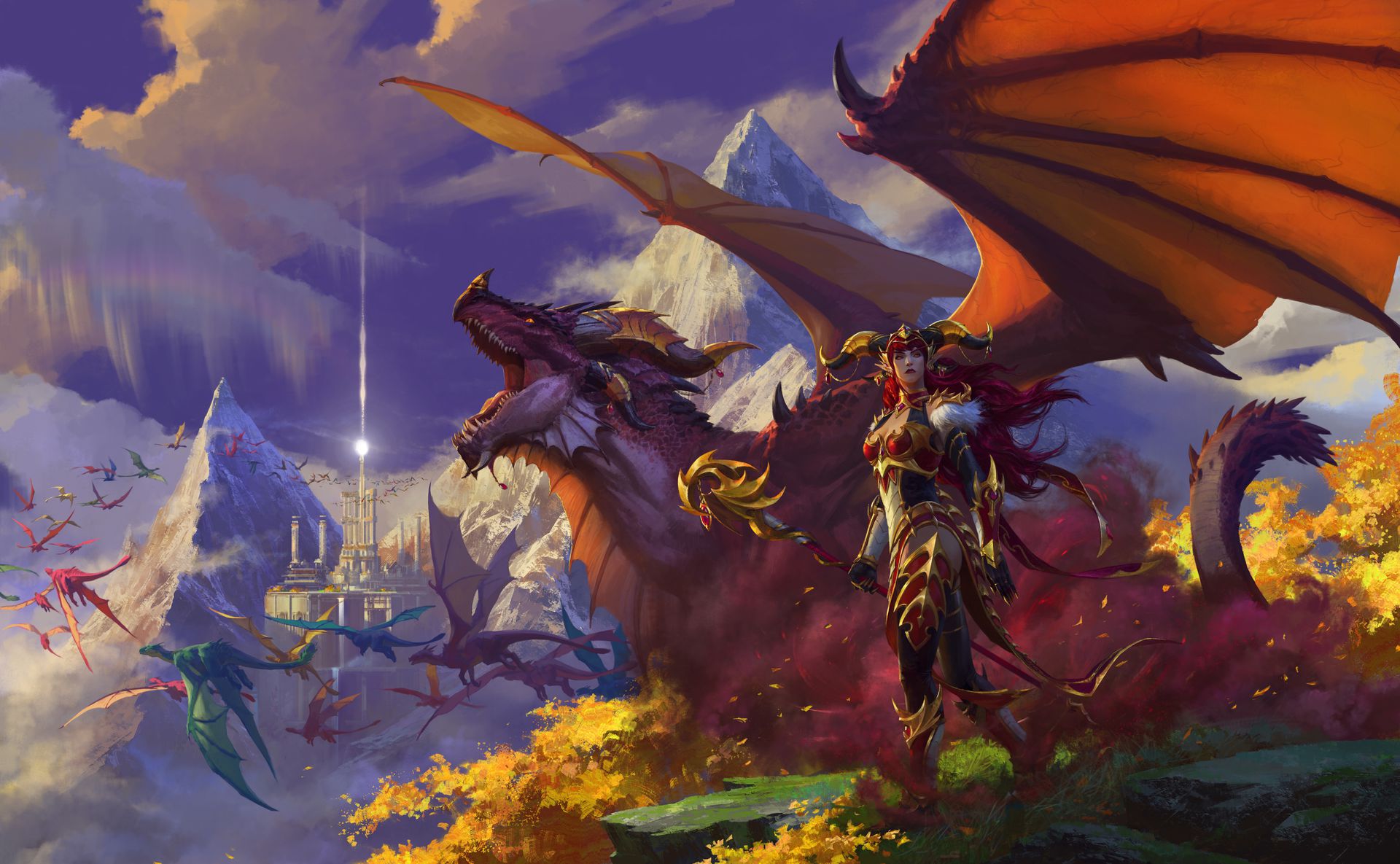 Arte clave de la expansión Dragonflight de World of Warcraft de Blizzard