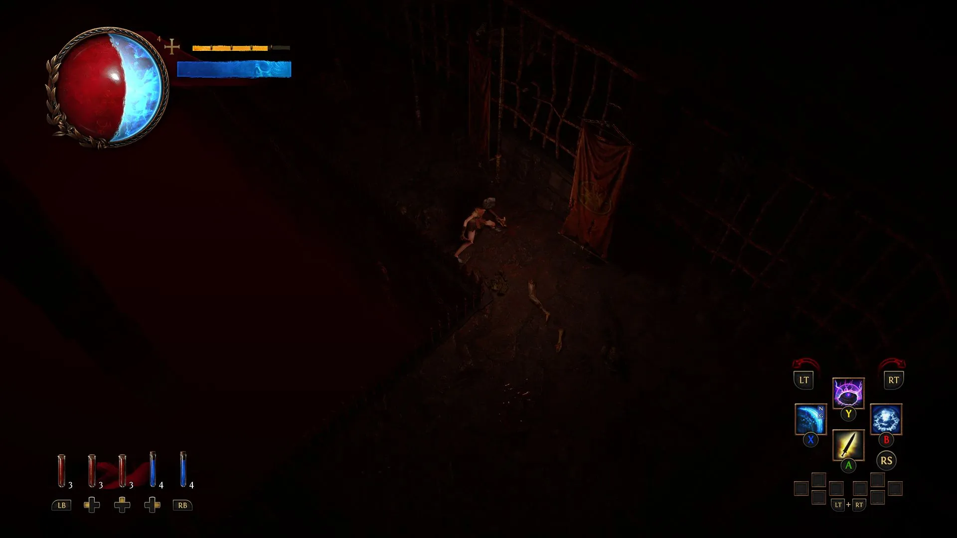 Un jugador acercándose a una jaula en un área subterránea en el Acto 3 de Path of Exile.