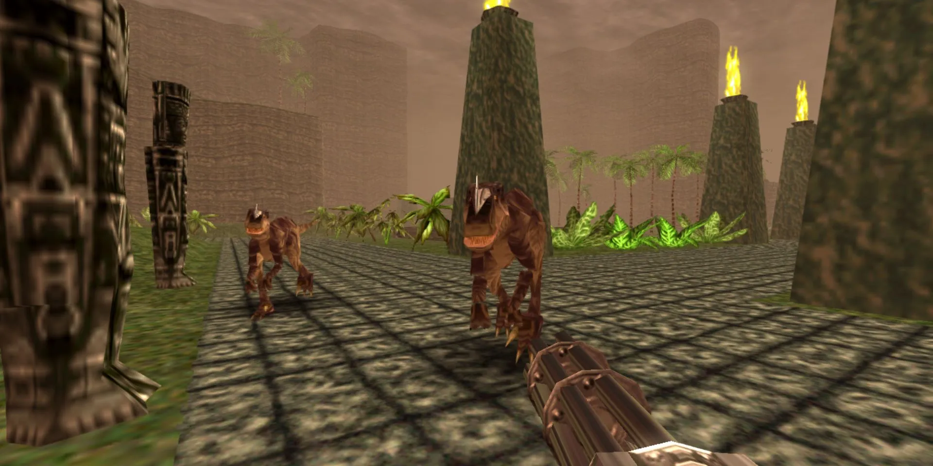 Aiming a gun at two dinosaurs in Turok