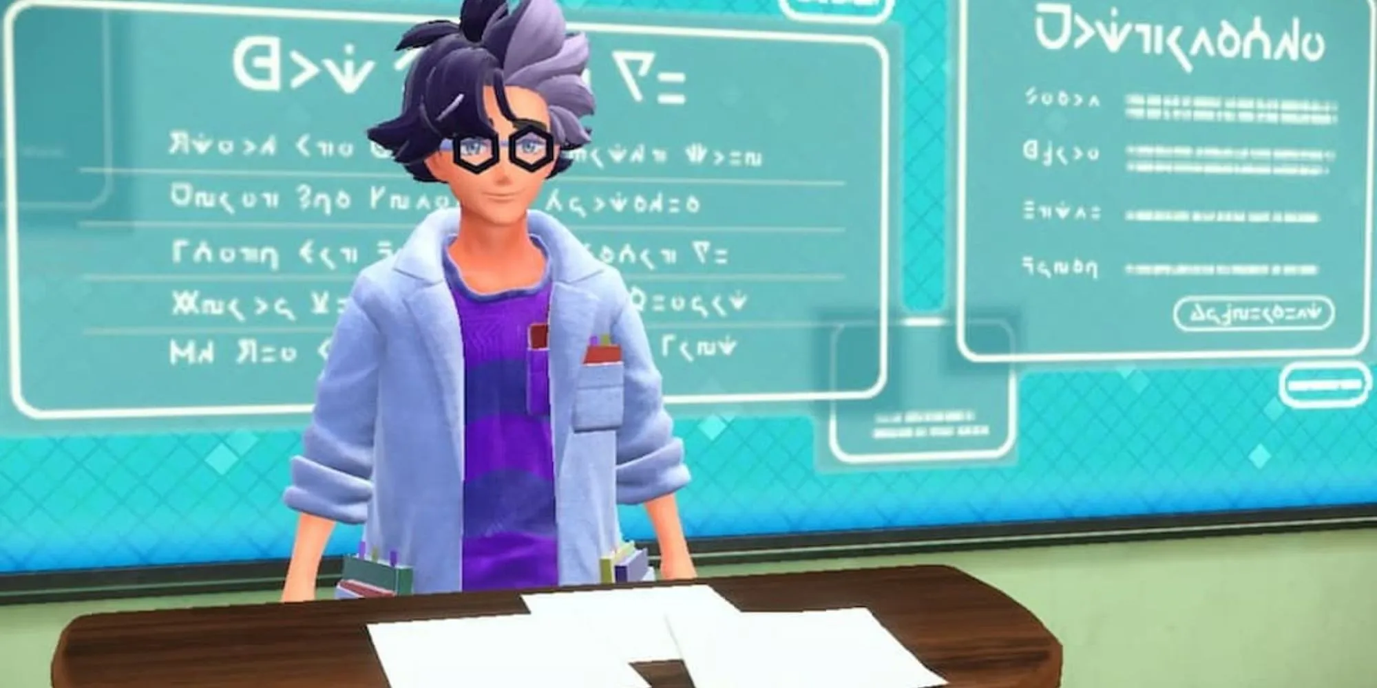 Jacq in piedi dietro una scrivania in Pokémon Scarlet e Violet