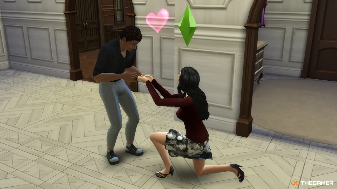 一位女性Sim在豪宅向一位男性Sim求婚