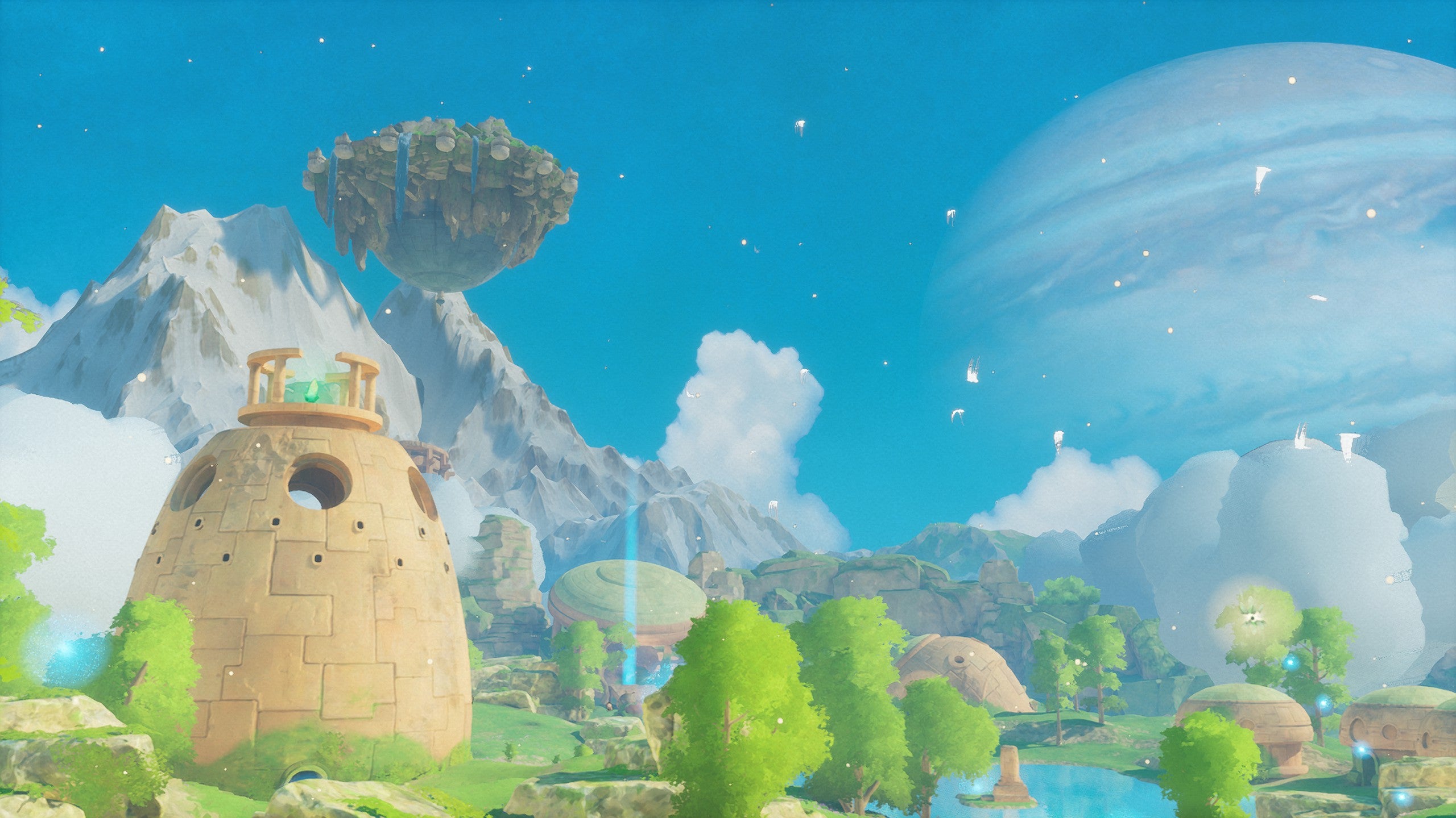 유럽에서 흐르는 크리스털을 가진 탑이 주위에 떠있는 섬 앞에 있으며 하늘에는 희미한 목성 이미지가 보인다