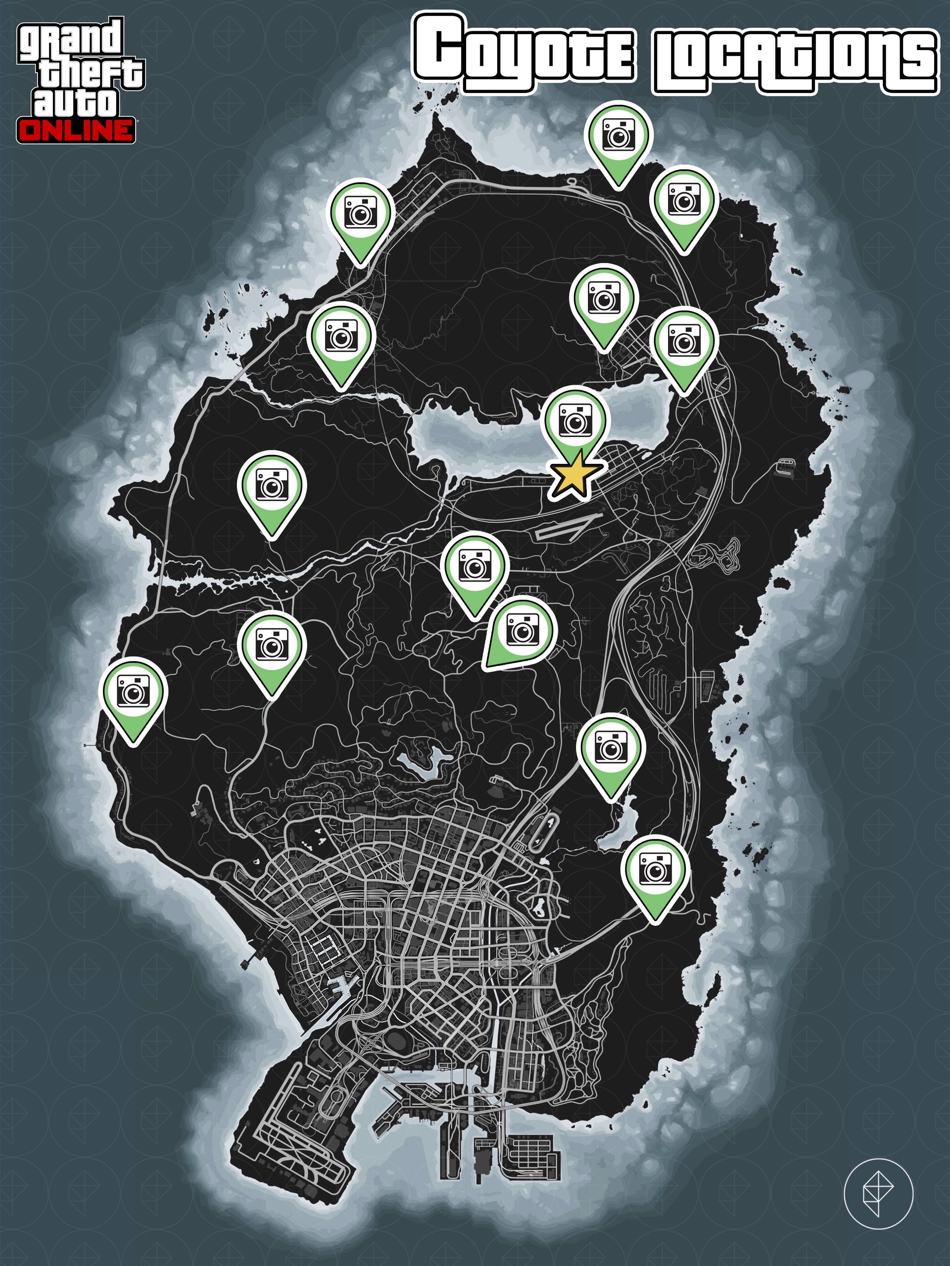 Carte de GTA Online montrant les emplacements des coyotes