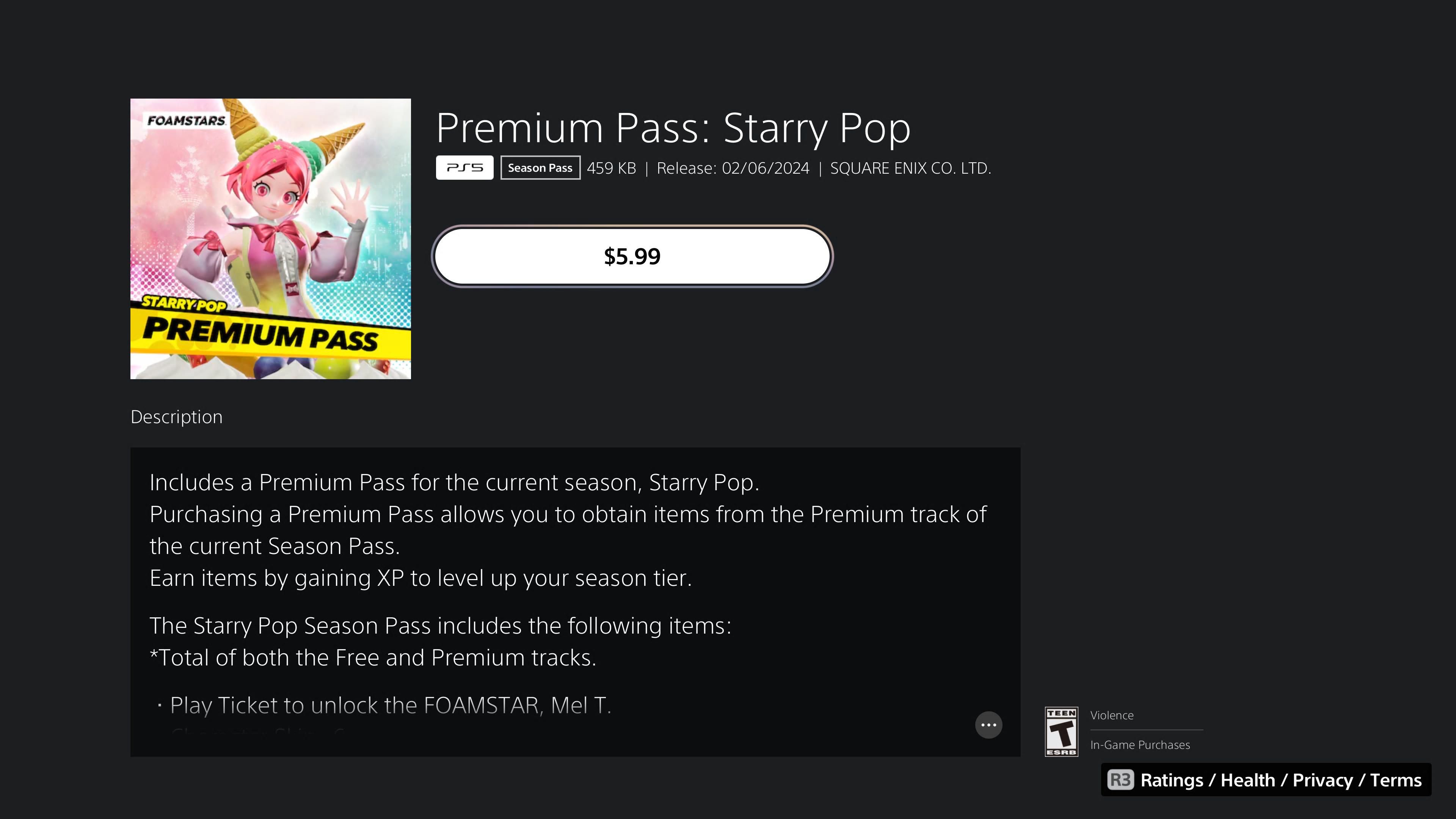 The Premium Pass: Starry Pop,  showing that it costs $5.99 in Foamstars.
