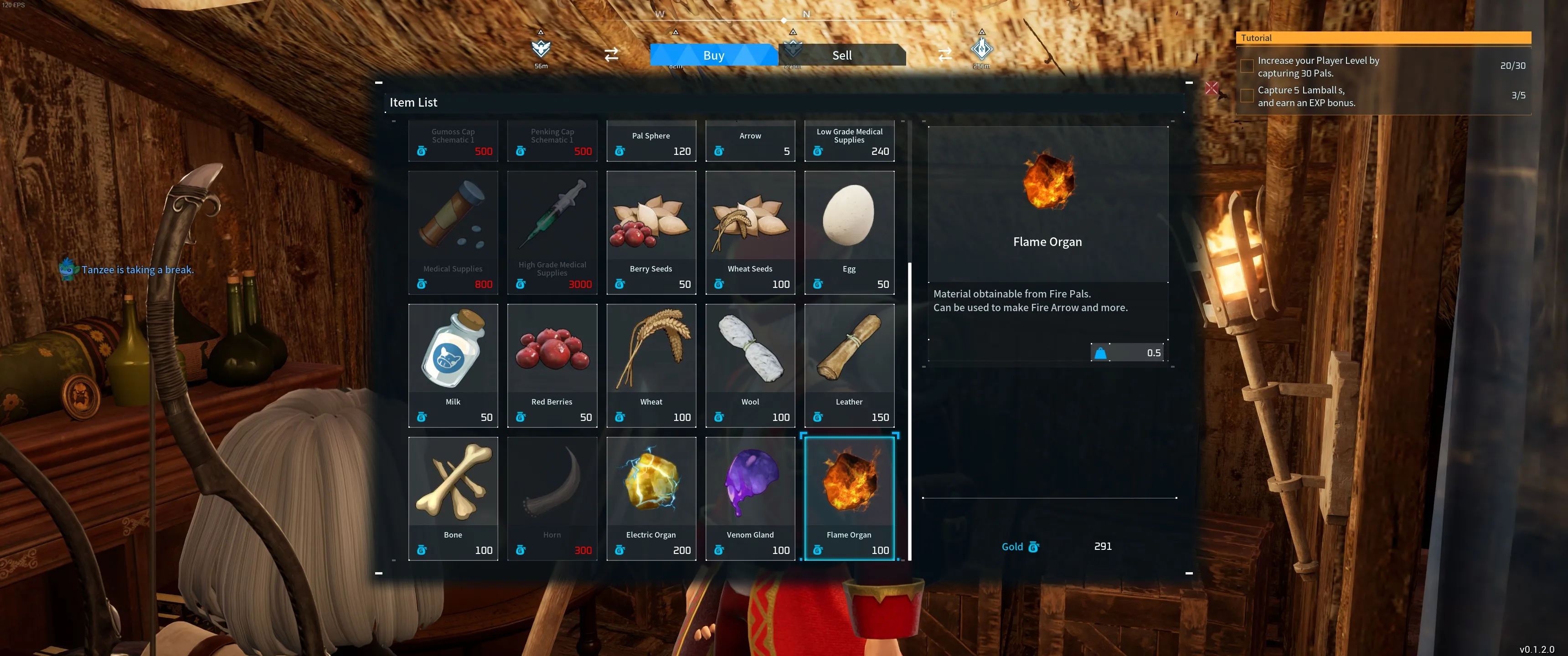 Palworld: Una imagen de la pantalla del comerciante mostrando Órganos de Fuego en el menú de la tienda